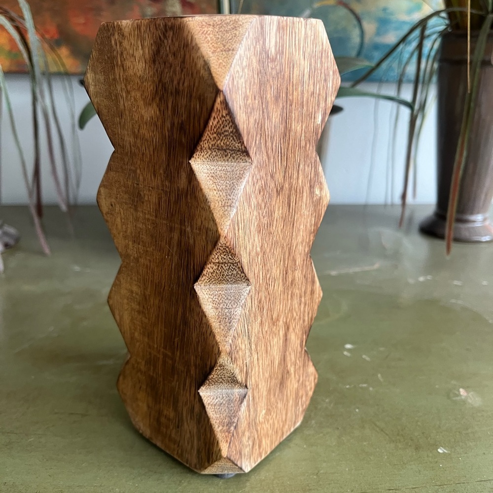 Vintage Carved Wood Candle Holder Block Statue Home Decor MCM Mid Century Modern